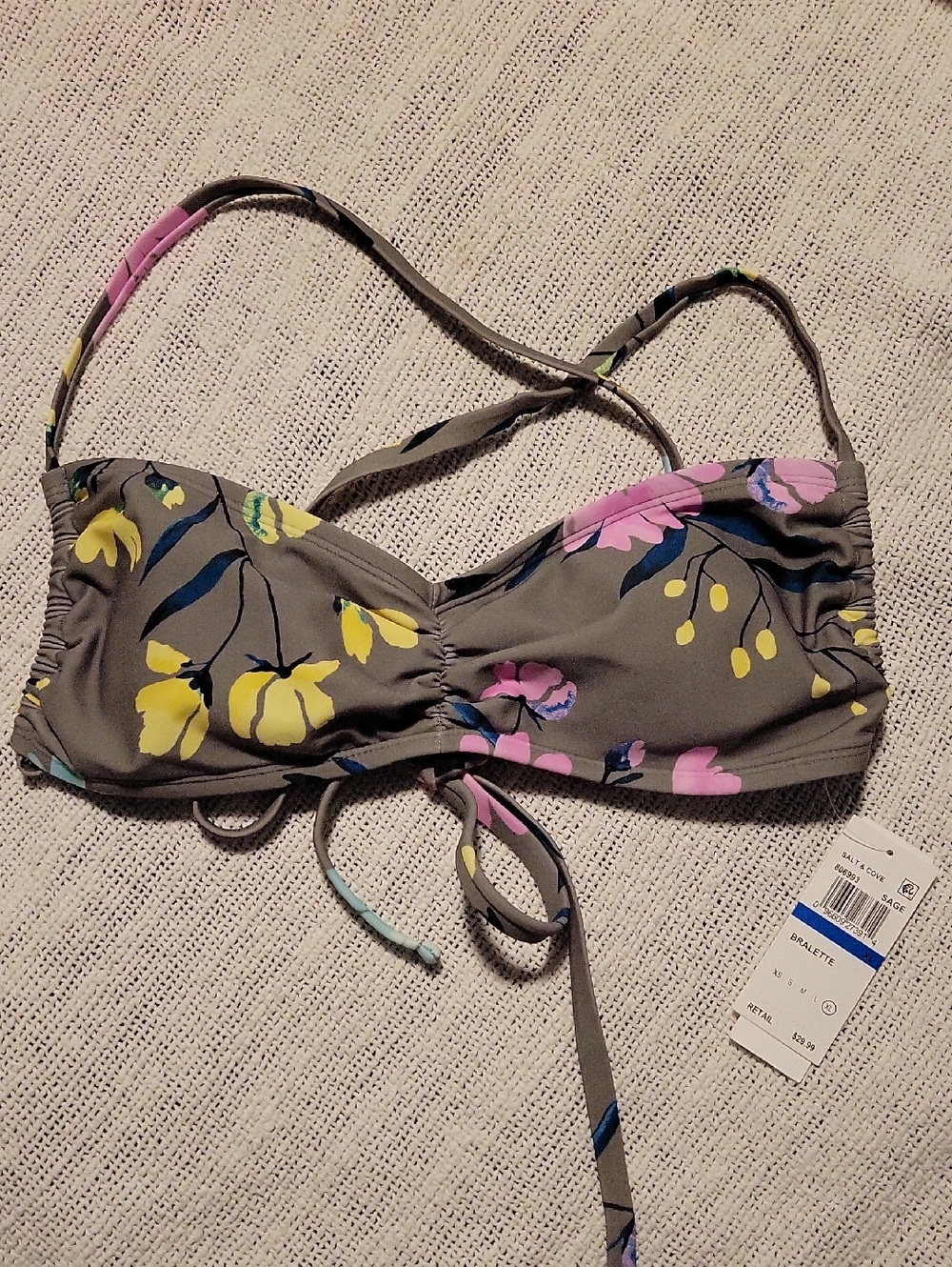 Salt + Cove Green Bandeau Bikini Top with Yellow & Pink Floral Print
